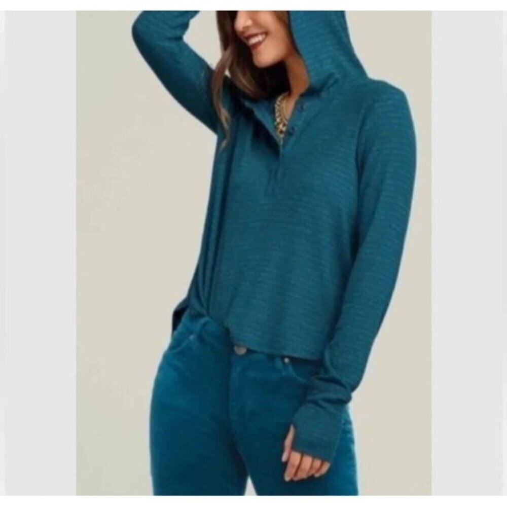 Cabi Top Womens Large Teal Riff Hoodie Gray Striped Henley Loungewear Comfy
